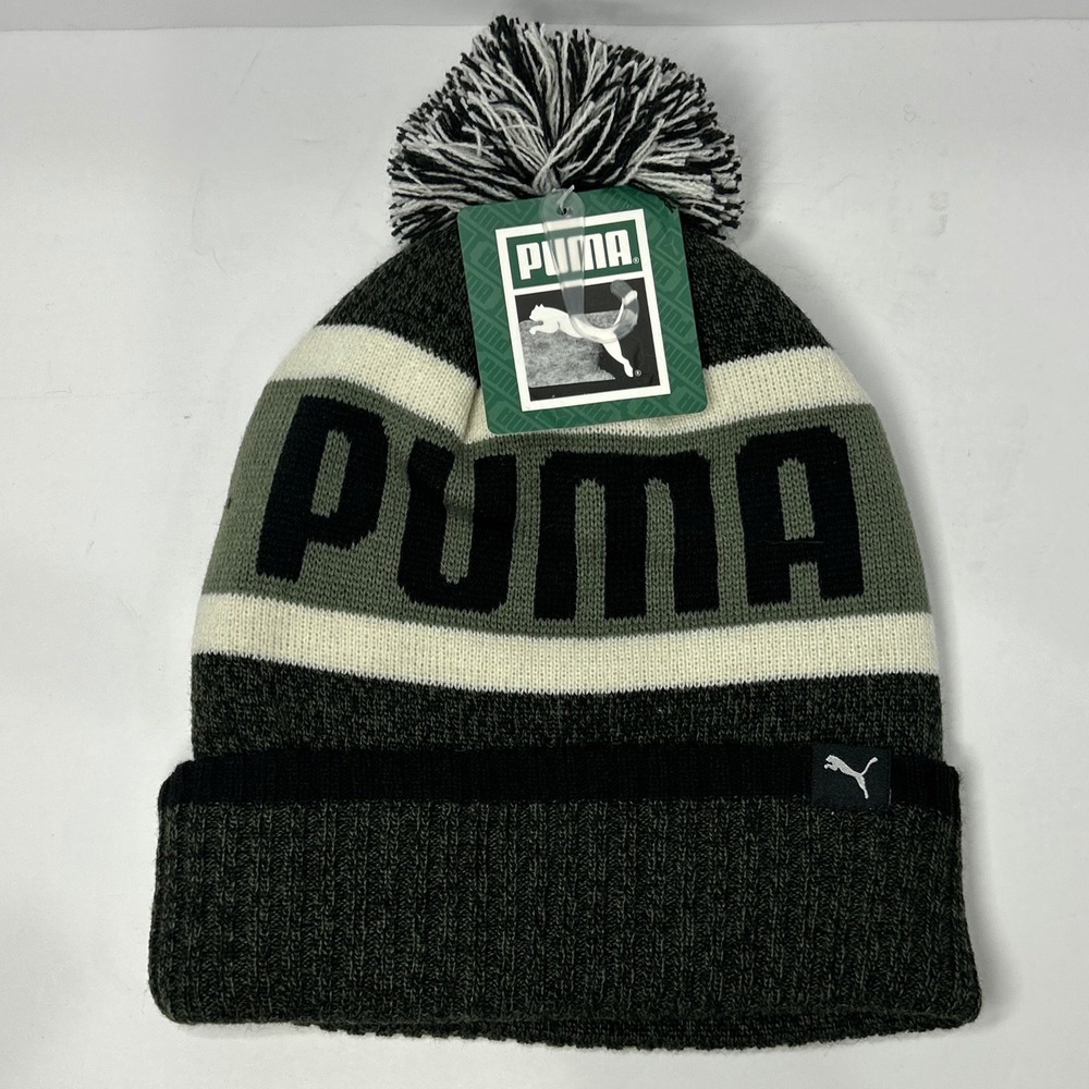Puma Pom Beanie Knit Hat Olive Green Black White Logo PV5-0340 NEW